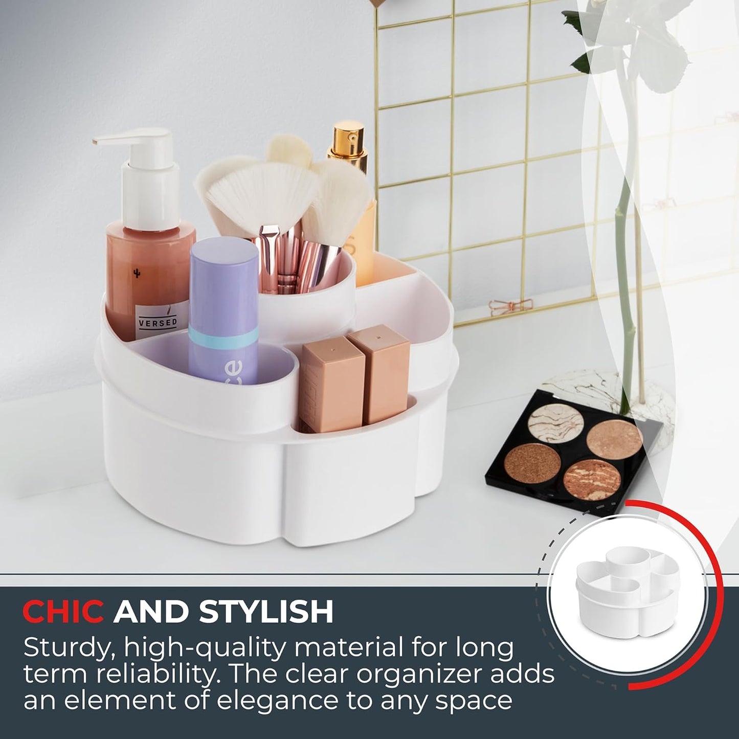 Masirs Small Rotating Makeup Organizer - Mini Yet Spacious Cosmetic Storage Solution with Multiple Compartments - The Perfect Spinning Make-Up Caddy for Vanity or Bathroom Counter (Round - White)