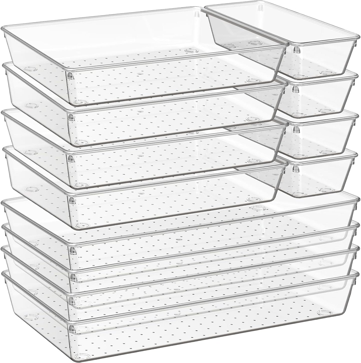 Criusia 12 Pack Large Clear Plastic Drawer Organizer Trays | MULTI-USE Acrylic Drawer Storage for Kitchen, Bathroom, Makeup, Office, School, Undies | College Dorm Room, Home Apartment Essentials
