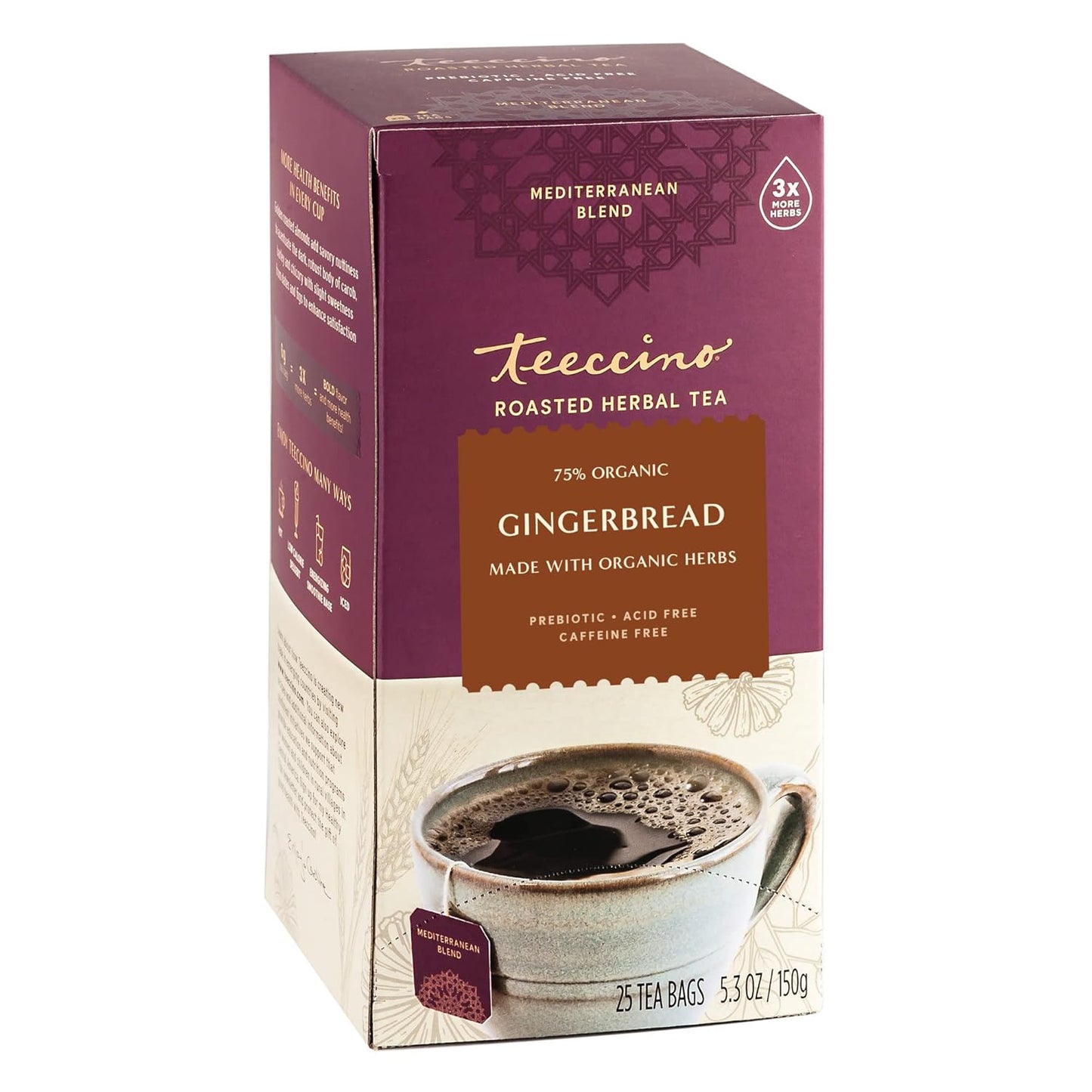 Teeccino Gingerbread Chicory Coffee Alternative - Holiday Dessert Beverage That’s Prebiotic, Caffeine-Free & Acid Free, Medium Roast, 25 Tea Bags