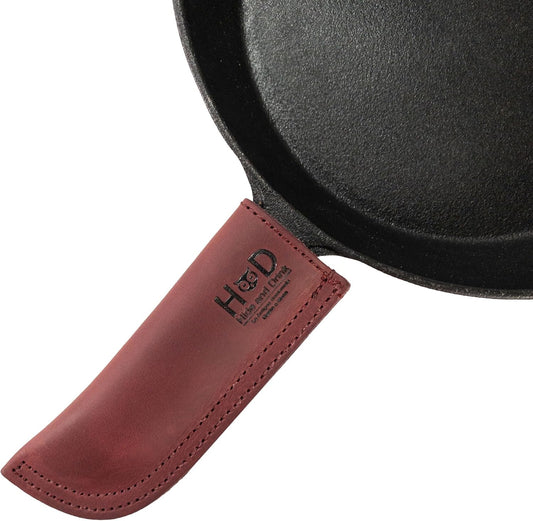 Hide & Drink, Full Grain Leather Hot Handle, Cast Iron Protector, Panhandle Potholder, Double Layered, Double Stitched, Slides On/Off Easily onto Metal Skillet Grips, Handmade, Sangria