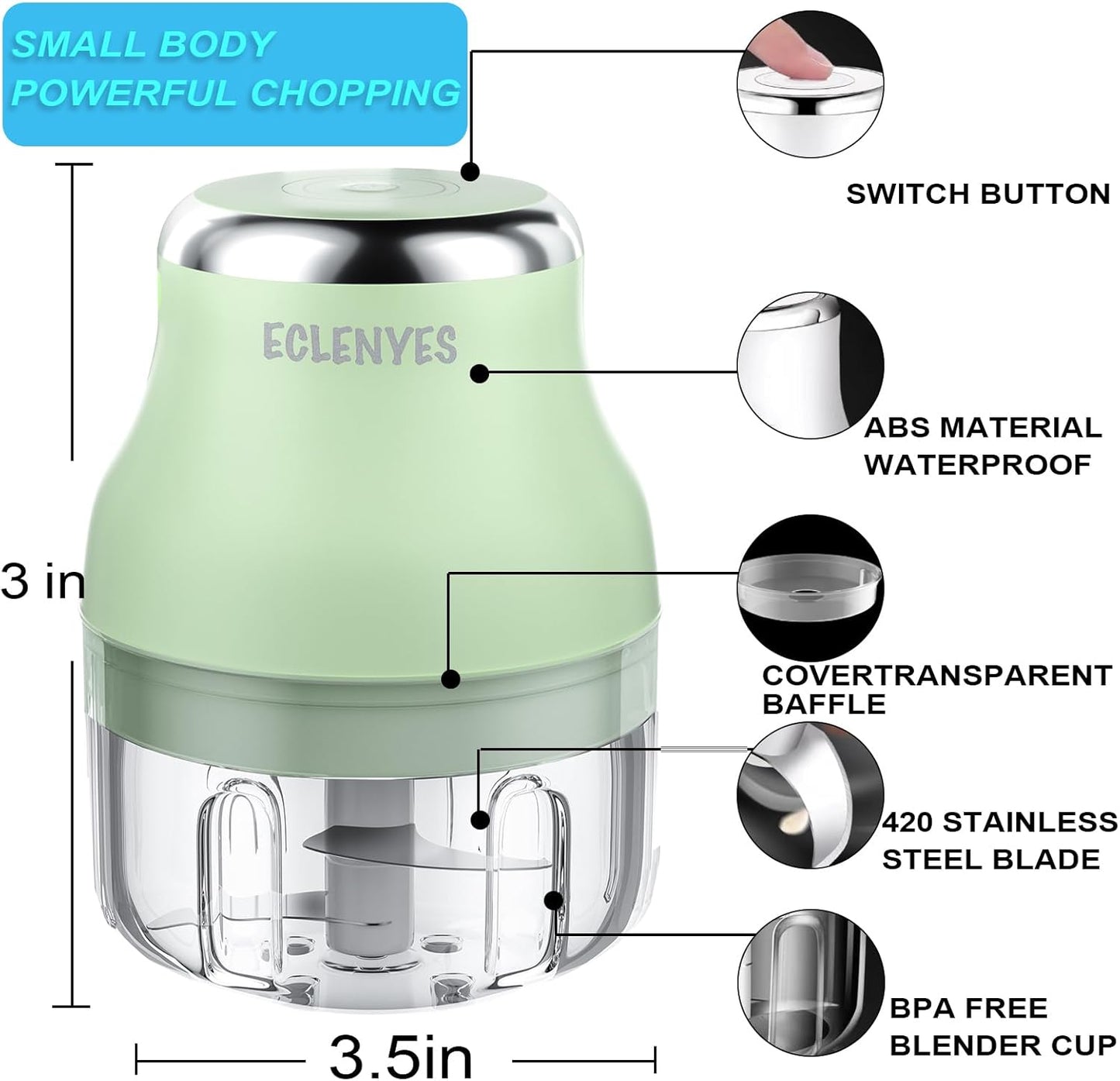 Vegetable Chopper, 100ML Electric Garlic Chopper, Rechargeable Mini Blender, Powerful Small Food Processor, Blender to Vegetable, Wireless Food Cutter for Ginger, Chili, Fruit, Meat, etc（Green）