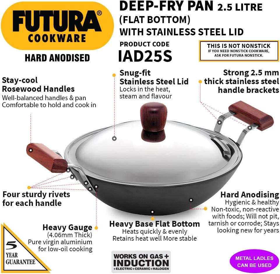 Hawkins Futura 2.5 Litre Deep Fry Pan, Hard Anodised Kadai with Stainless Steel Lid, Flat Bottom Induction Kadhai, Black (IAD25S)
