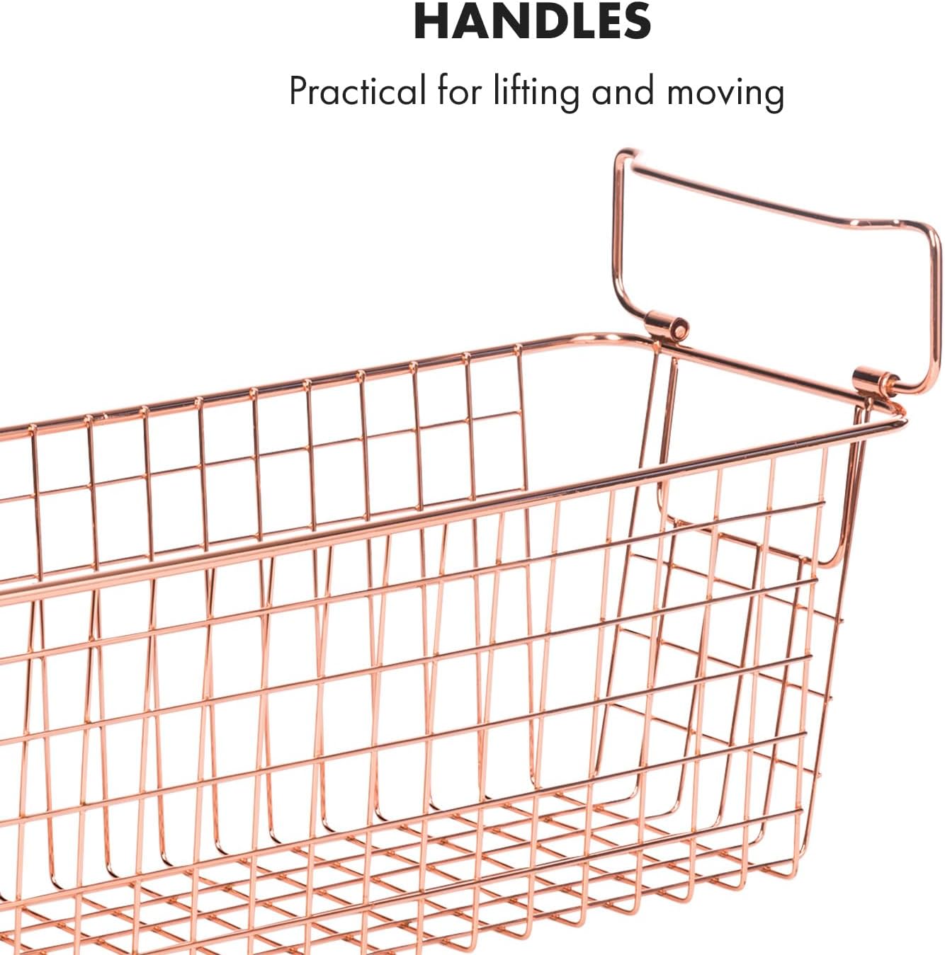 Granrosi Stackable Large Wire Baskets for Organizing — Set of 2 Rose Gold Wire Storage Baskets with Handles; Snacks & Chips Organizer for Pantry; Metal Storage Bins for Pantry