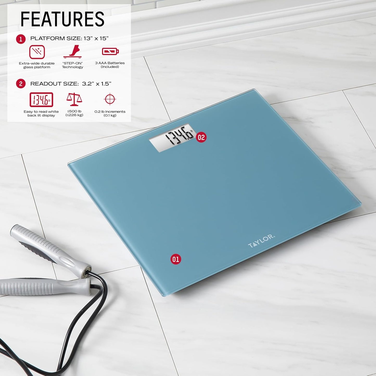 Taylor Digital Extra-Wide Extra High 500lb Capacity Bathroom Scale for Body Weight, Accurate High Precision and Ultra Wide Platform, Digital Weighing Machine for People, Easy-to-Read, Slate Blue
