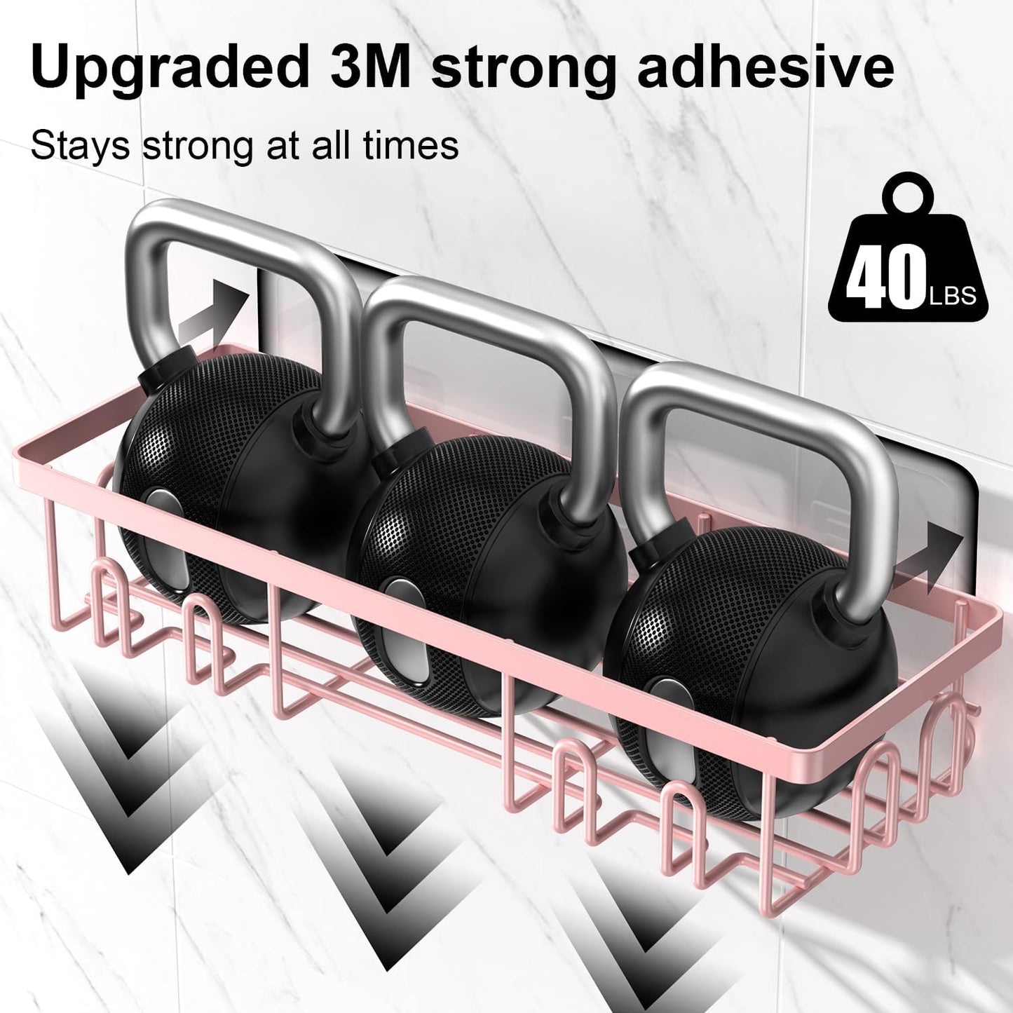 2025 New Adhesive Shower Caddy, Shower Shelves with 16 Hooks, Pink 2 Pack