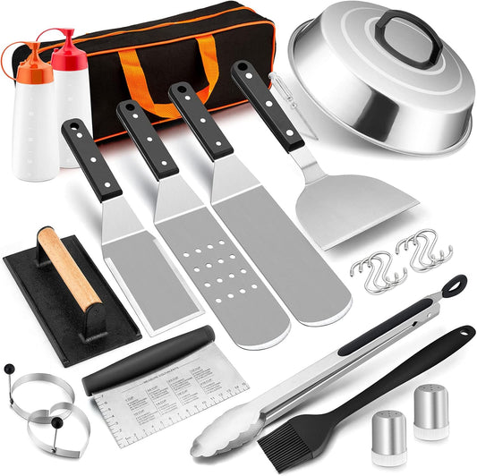 HaSteeL 16PCS Griddle Accessories Set, Stainless Steel Flat Top Grilling Tools Kit with Enlarge Spatula Scraper Basting Cover Burger Press for Outdoor Barbecue Teppanyaki Cooking, ABS Handle