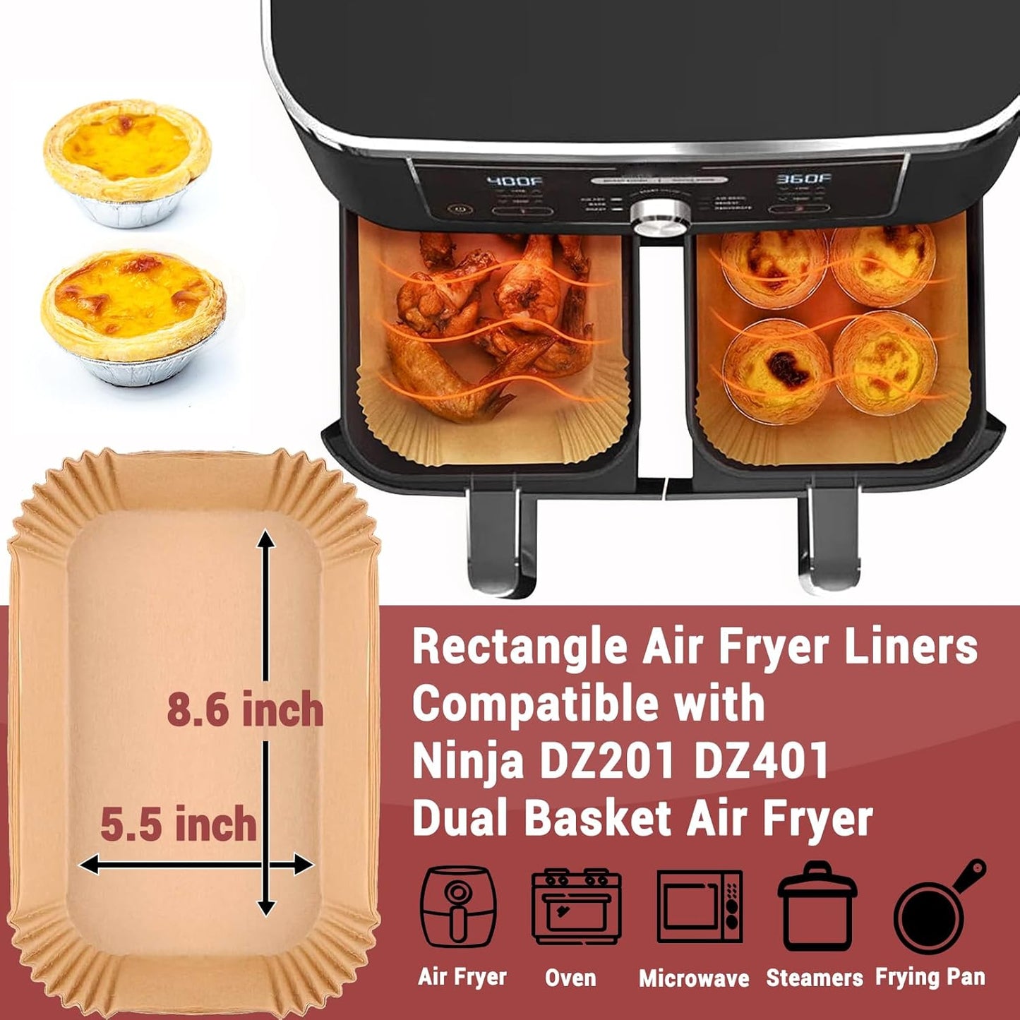 100PCS Air Fryer Liners for Ninja, 8.6 x 5.5 inch Disposable Air Fryer Paper Dual Basket, Non-Stick Unbleached Parchment Paper Baking Accessories Liners for Natural Ninja DZ201 DZ401