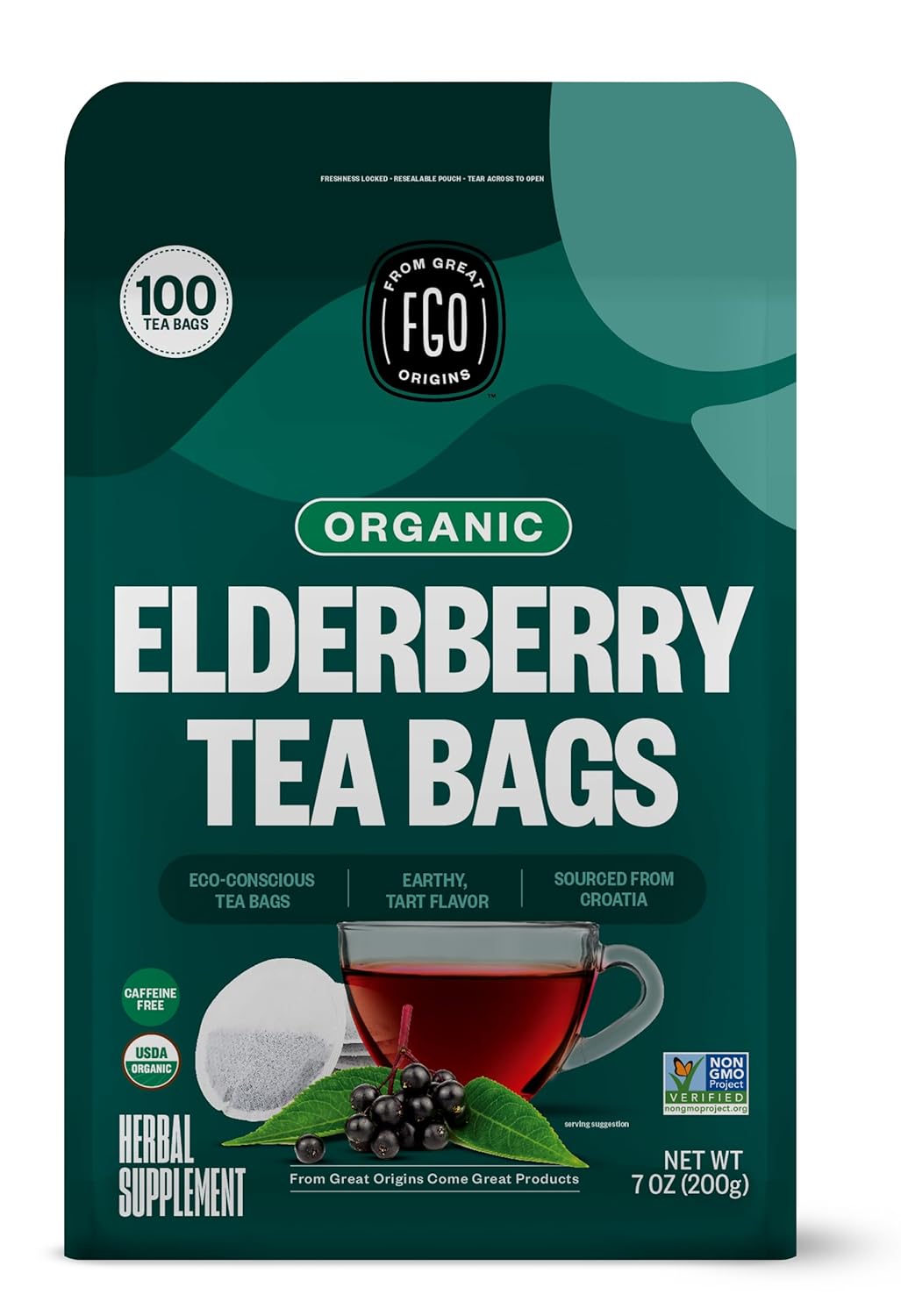 FGO Organic Elderberry Tea, 100 Count, Eco-Conscious Herbal Tea Bags, Resealabel Bag, Caffeine Free, Packaging May Vary (Pack of 1)