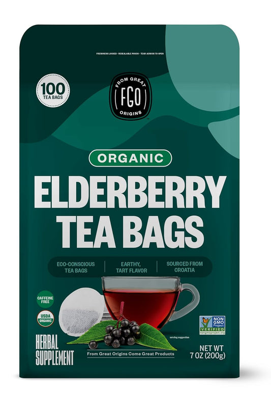 FGO Organic Elderberry Tea, 100 Count, Eco-Conscious Herbal Tea Bags, Resealabel Bag, Caffeine Free, Packaging May Vary (Pack of 1)