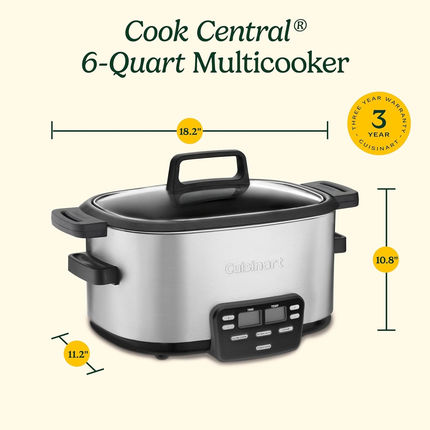 Cuisinart 3-In-1 Cook Central 6-Quart Multi-Cooker: Slow Cooker, Brown/Saute, Steamer, MSC-600 NAS, Silver