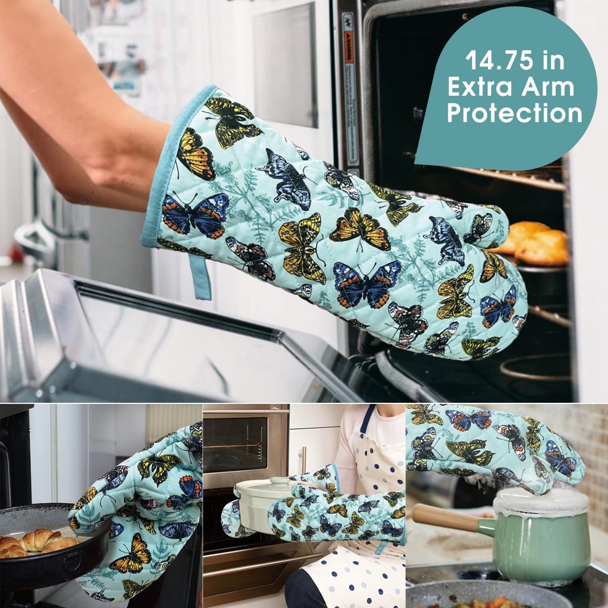 Oven Mitts Cotton Fashion Cute Butterfly Design 1pair Heat Resistant Oven Gloves Safe Cooking Baking Grilling Barbecue Machine Washable Pot Holders (Butterfly)