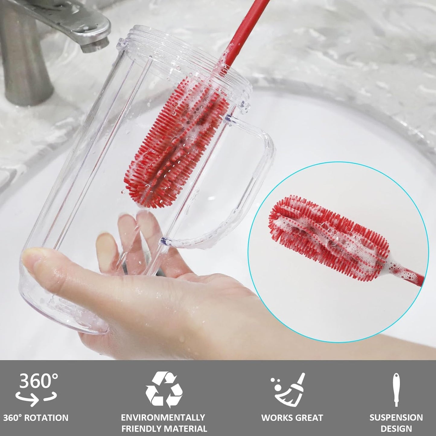 15.7" Silicone Bottle Brush, ddLUCK Water Bottle Cleaner Brush for Stanley, Hydroflasks, Glass, Thermos Sports Bottle, Vase and Glassware, Bottle Brush Cleaner for Small Narrow Neck Containers (Red)