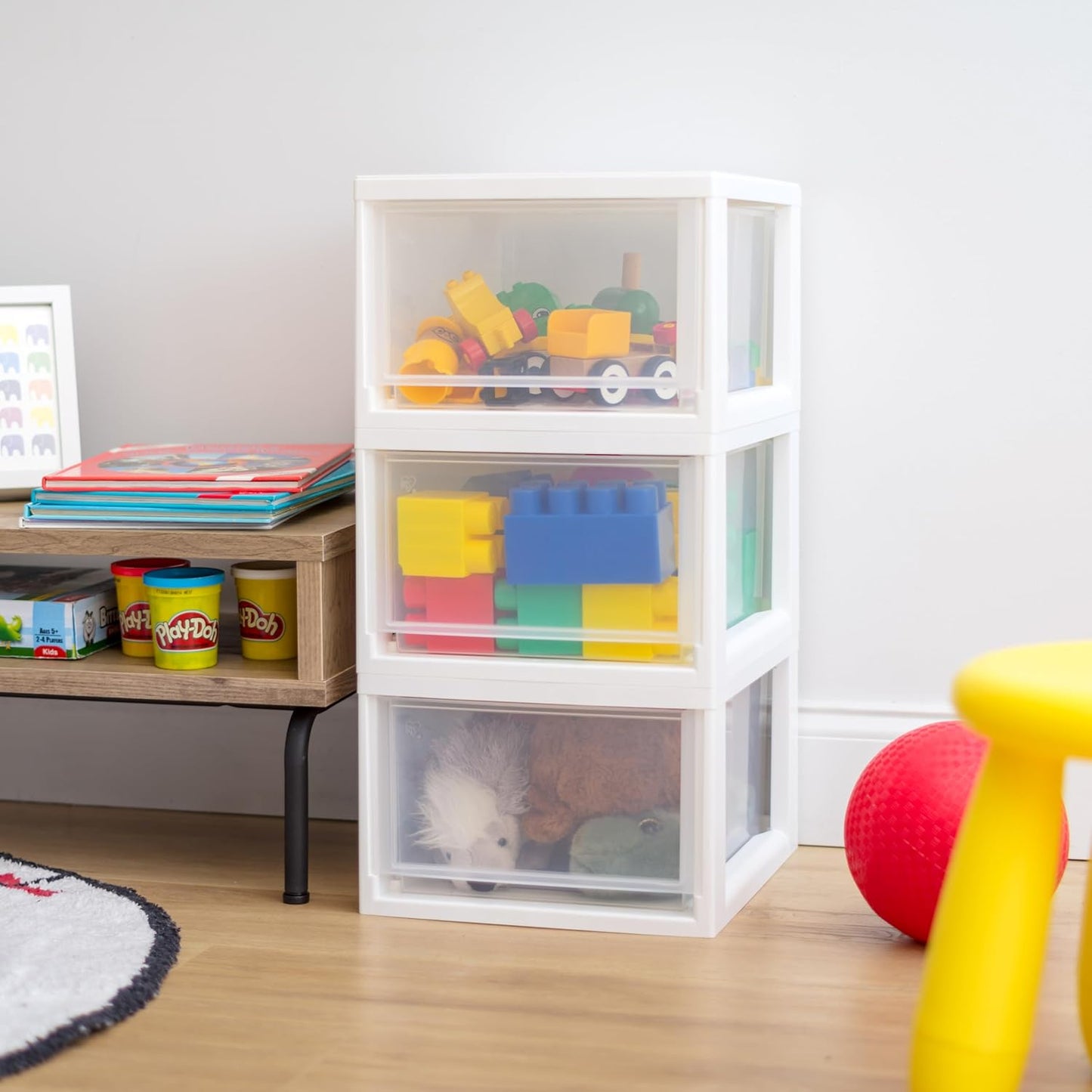 IRIS USA 14.5 Qt. Plastic Drawer Storage Organizer Stacking Drawers, 3-Pack, Stackable Unit with Sliding Drawer for Clothes Bedroom Kitchen Under Sink Pantry Craft Room Bathroom Dorm Office, White