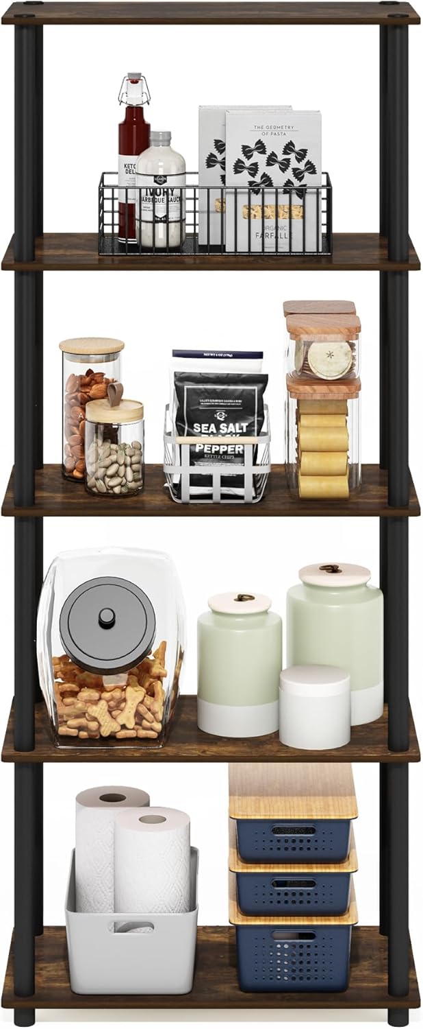 Furinno TURN-N-TUBE Storage Shelves, 5-Tier Book Shelf, Corner Shelf, Toolless Open Shelves, for Organization and Storage, Living Room, Garage, Home Office, Amber Pine