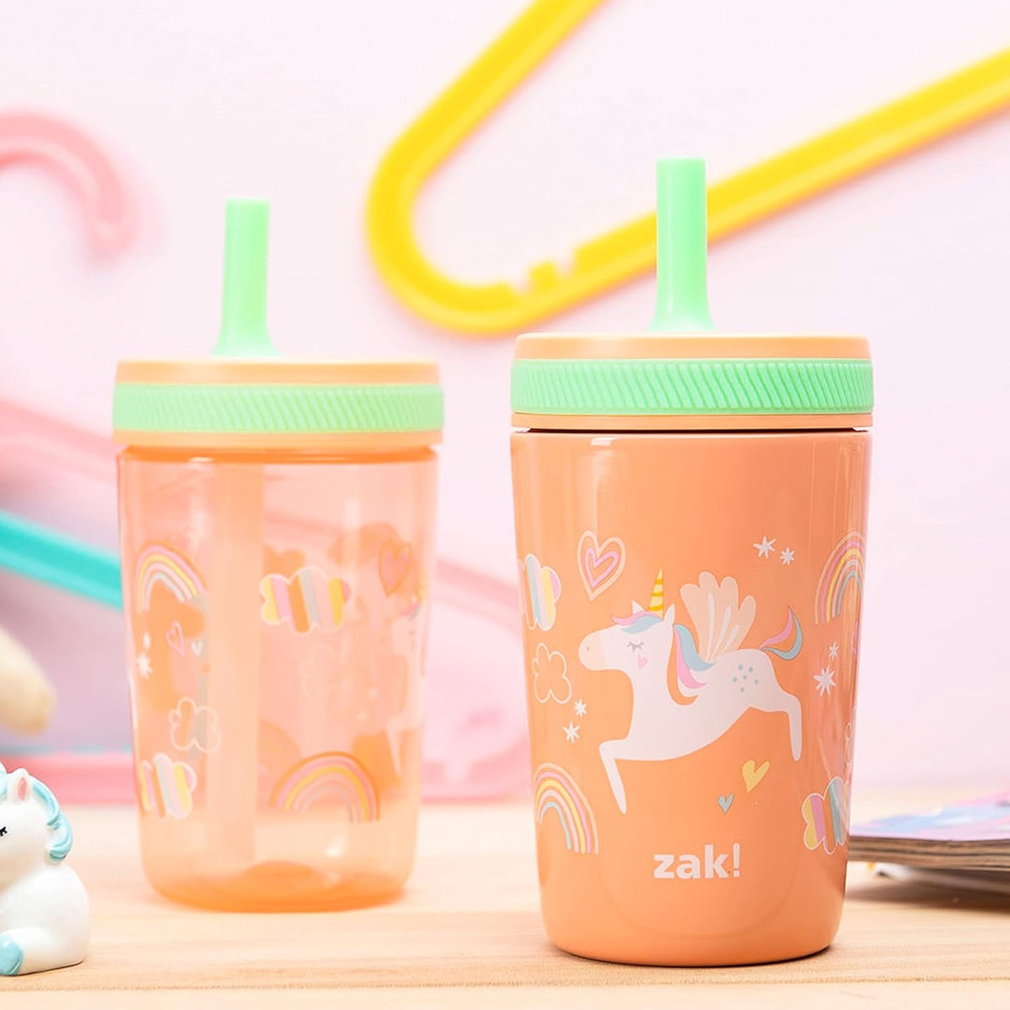 Zak Designs Unicorn Kelso Tumbler Set,Leak-Proof Screw-On Lid with Straw, Bundle for Kids Includes Plastic and Stainless Steel Cups with Bonus Sipper, 3pc Set, Non-BPA