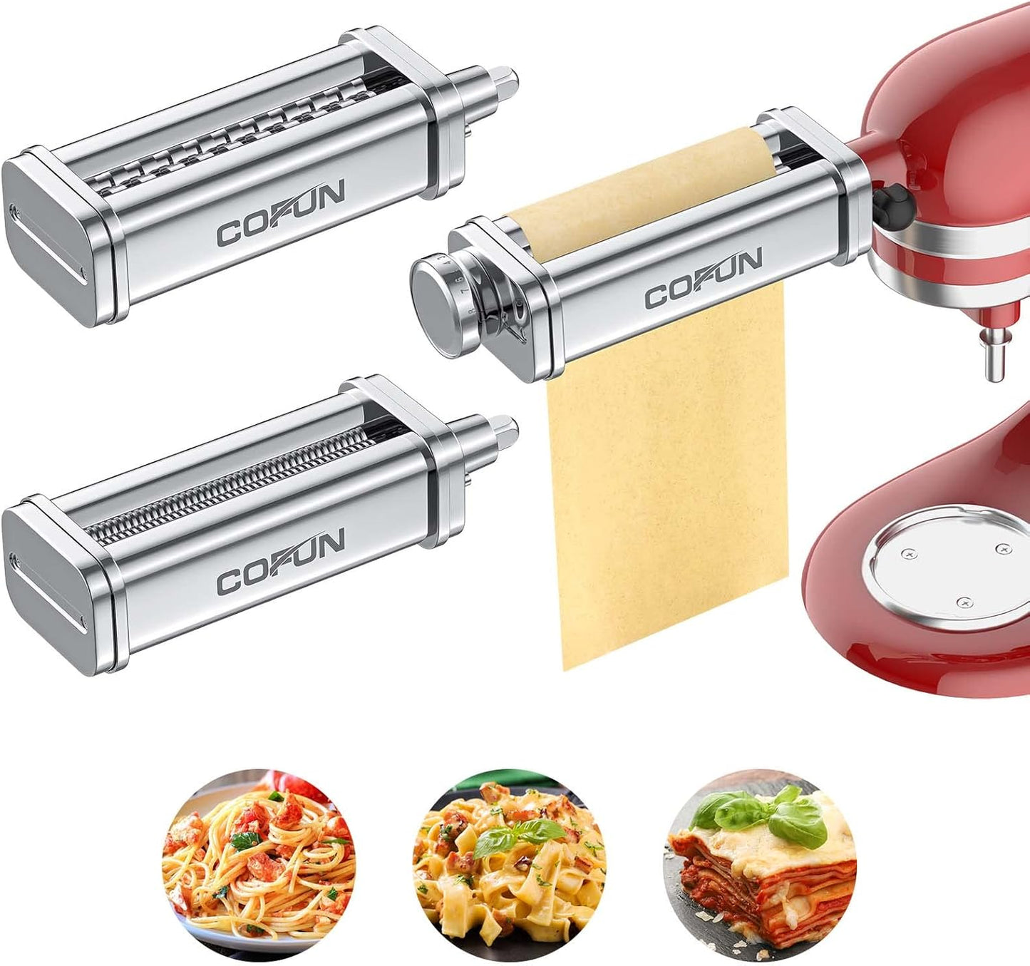Pasta Attachment for KitchenAid Stand Mixer, 3 Piece Pasta Making Kit Including Pasta Roller, Cutter for Authentic Spaghetti and Fettuccine Sheets, Durable Noodle Accessories by Cofun