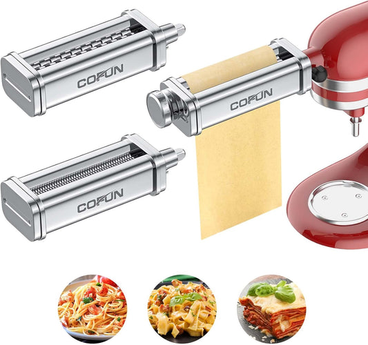 Pasta Attachment for KitchenAid Stand Mixer, 3 Piece Pasta Making Kit Including Pasta Roller, Cutter for Authentic Spaghetti and Fettuccine Sheets, Durable Noodle Accessories by Cofun