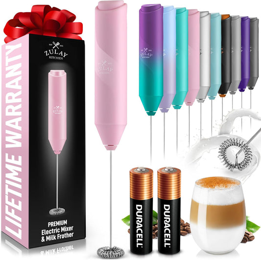 Zulay Kitchen Milk Frother Handheld with 2 Duracell AA Batteries – Electric Drink Mixer for Coffee, Lattes, Cappuccinos, Matcha & Hot Chocolate – Portable Foam Maker & Coffee Bar Accessory