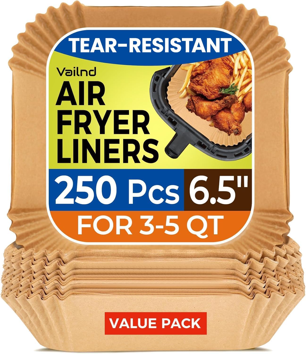 Air Fryer Paper Liners: 250Pcs Parchment Paper Sheets, Air Fryer Liner Disposable, Oilproof Waterproof Airfryer Basket Liner Square (6.5inch)