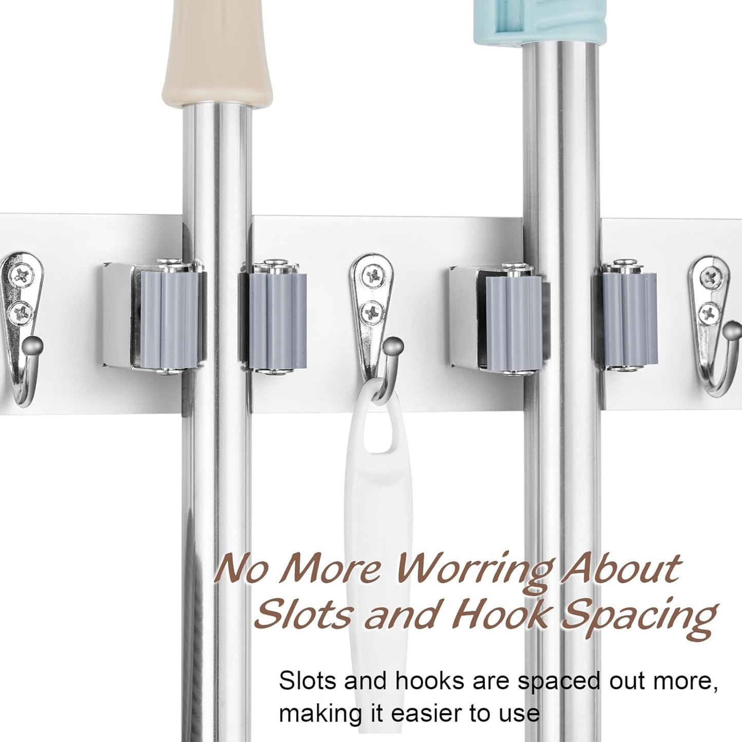 Mop and Broom Holder Wall Mount - White Broom Mop Hanger - Wall Mounted Garden Tool Rack Organizer for Closet Garage Laundry Room Kitchen Decor With 5 Slots & 4 Hooks