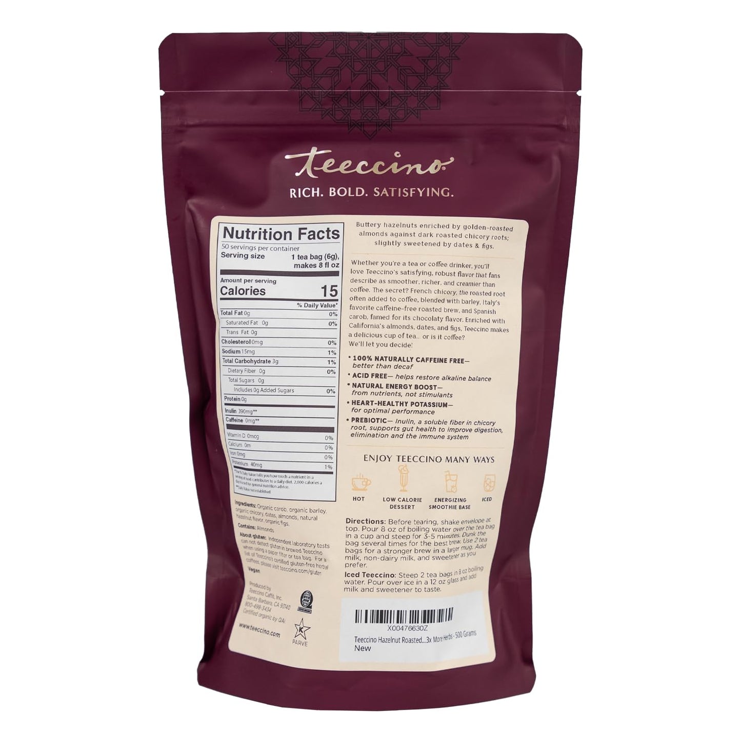 Teeccino Hazelnut Roasted Herbal Tea - Caffeine Free, Prebiotic, 3x More Herbs - 50 Tagless Eco-Friendly Tea Bags