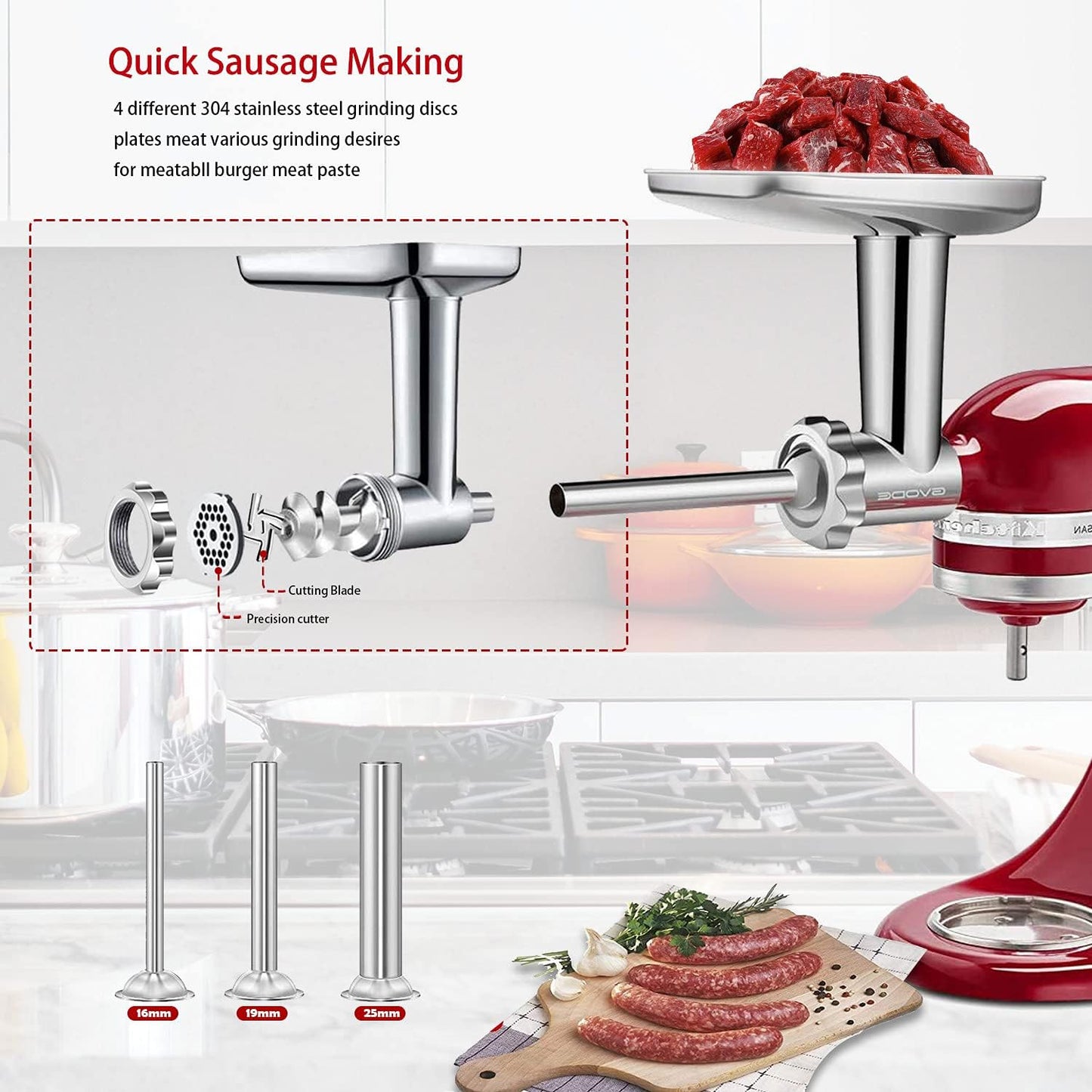Stainless Steel Meat Grinder Attachment for KitchenAid Stand Mixer,Meat Grinder for KitchenAid Mixer Includes 3 Sausage Stuffer Dishwasher Safe Attachment by Gvode