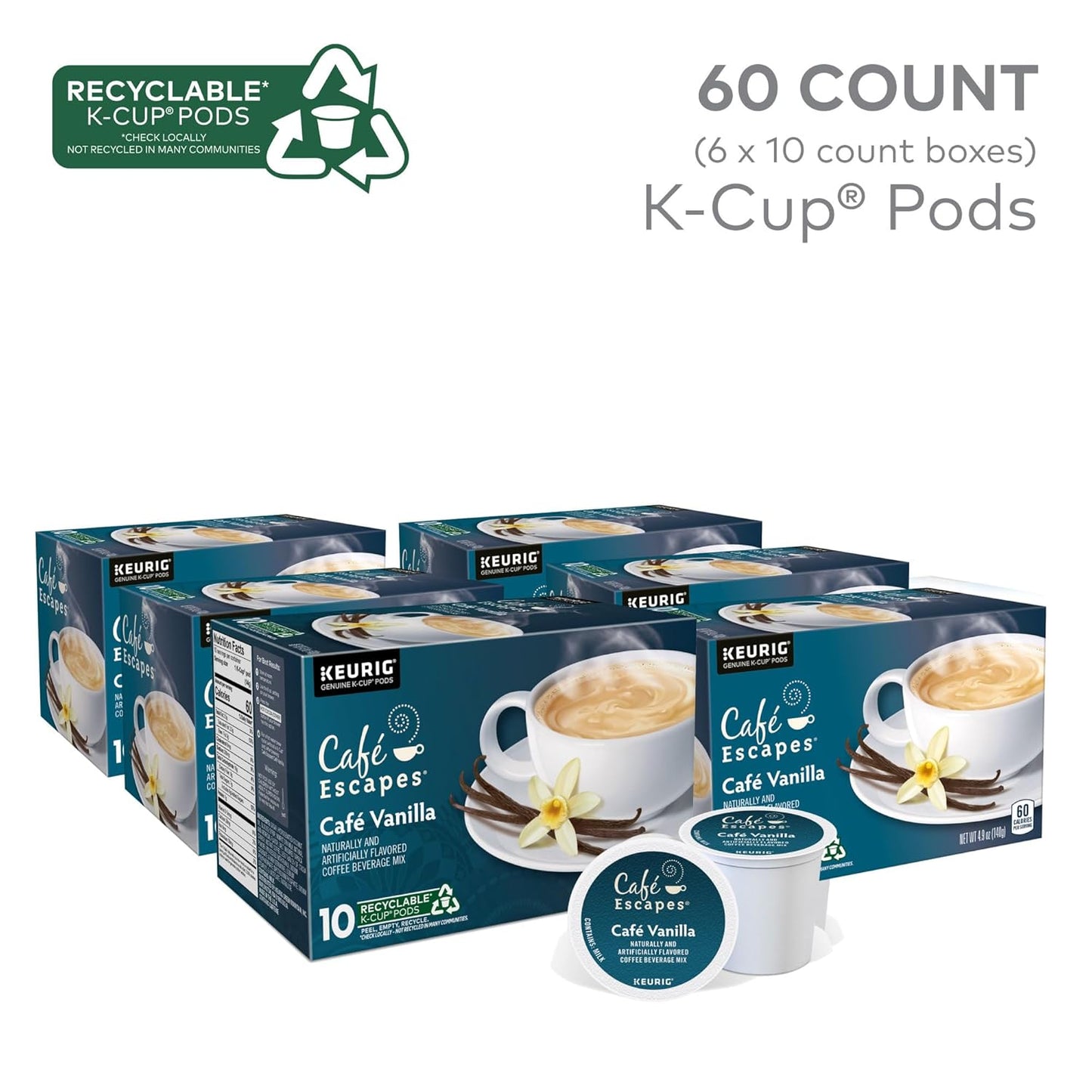 Café Escapes Café Vanilla Coffee Beverage, Single-Serve K-Cup Pods, 60 Count