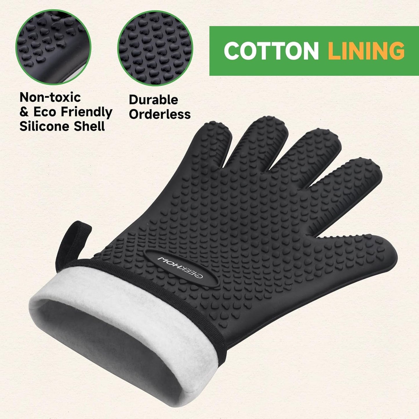 GEEKHOM Silicone Oven Gloves Heat Resistant BBQ Gloves with Cotton Lining for Kitchen Cooking, Baking & Grill Accessories, Waterproof Non-Slip Grill Mitts for Men Women, Dishwasher Safe