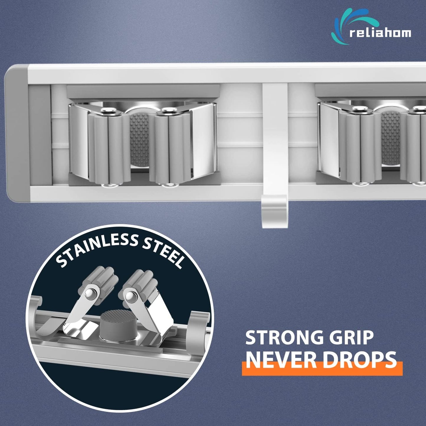 reliahom Broom Holder Wall Mount Mop and Broom Hanger Wall Mounted Garage Storage Rack Kitchen Garden Tool Organizer (5 Racks with 4 Hooks, Silver)