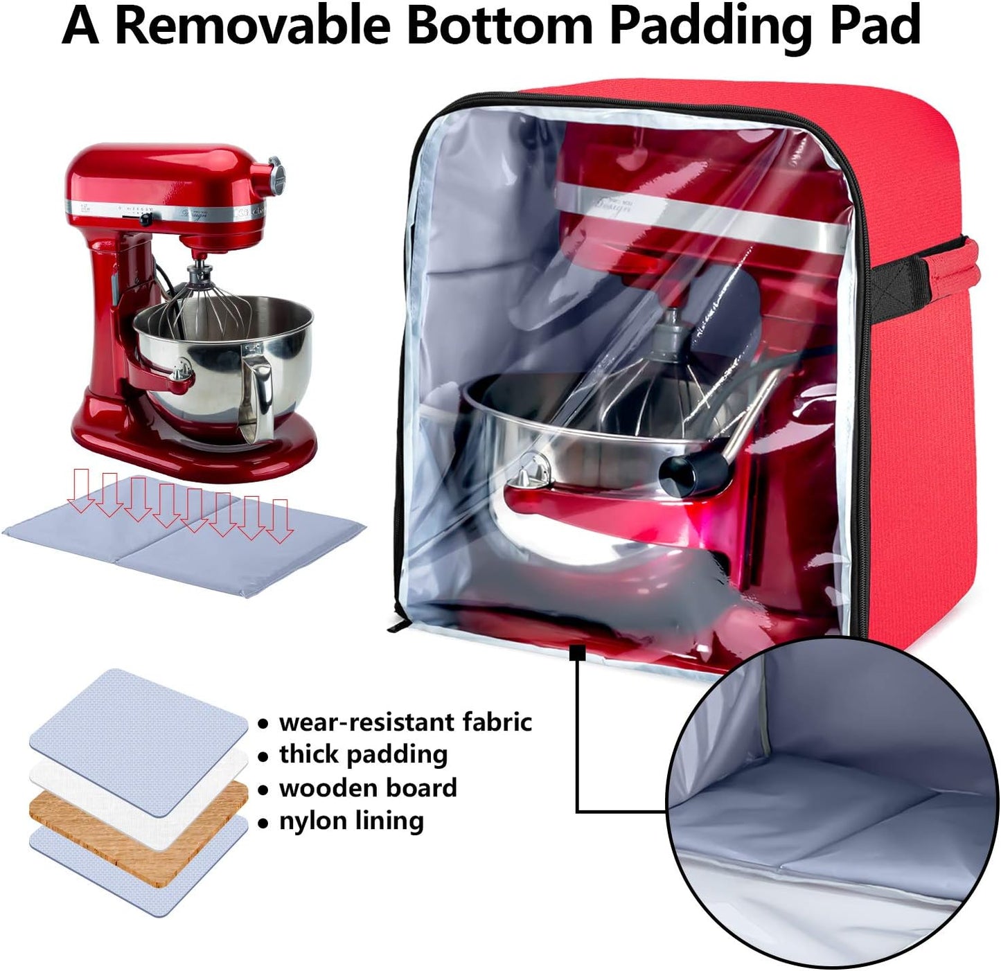 Luxja Dust Cover Compatible with 6-8 Quart KitchenAid Mixers (with a Bottom Padding Pad), Dust Cover (Clear Front Panel) for Stand Mixers and Extra Accessories, Red (Patented Design)