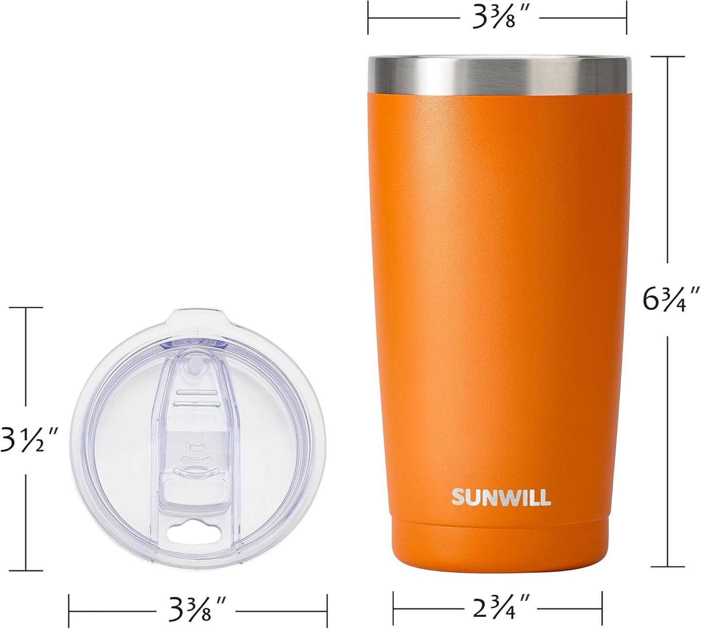 SUNWILL Travel Coffee Tumbler 20 oz, Insulated Mug with Lid, Stainless Steel Cup for Hot and Cold Drinks, Powder Coated Orange