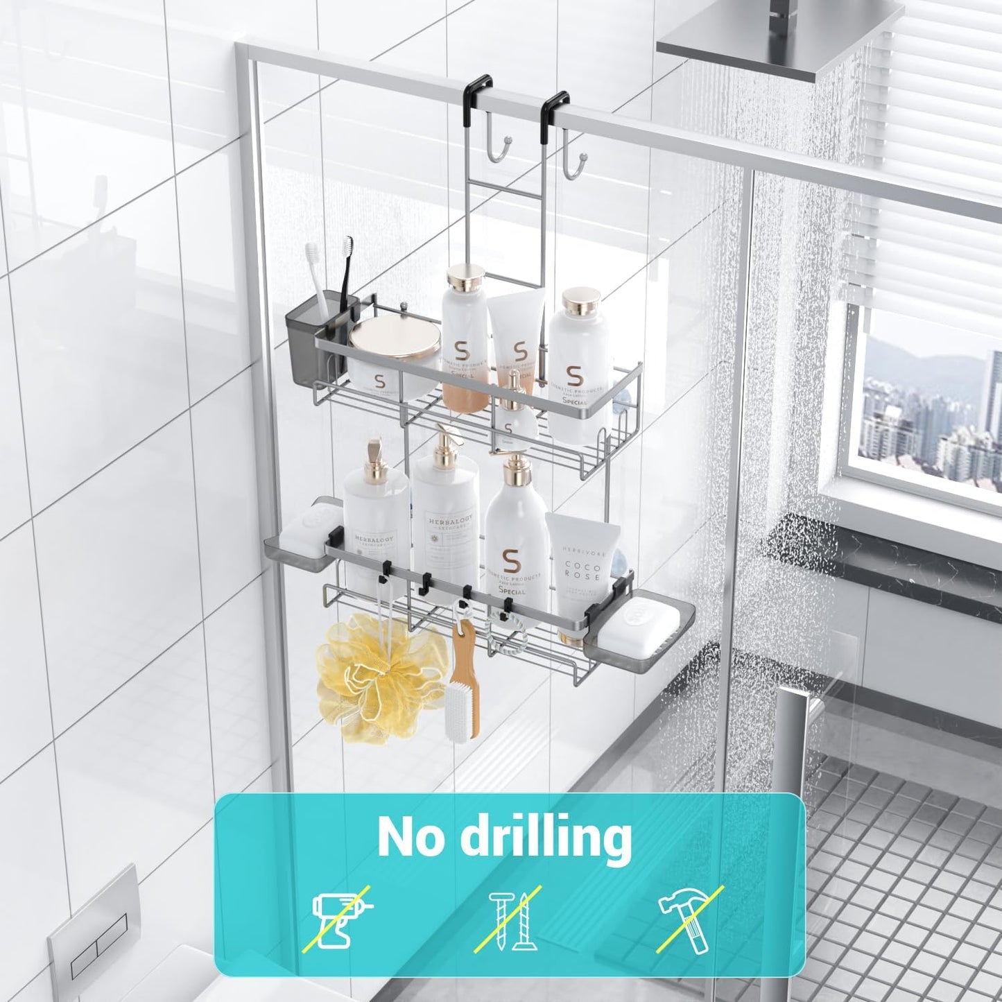 Hanging Shower Caddy Over Door: Silver Rustproof Shower Organizer over the Door - No Drilling Bathroom Rack for Inside Shower
