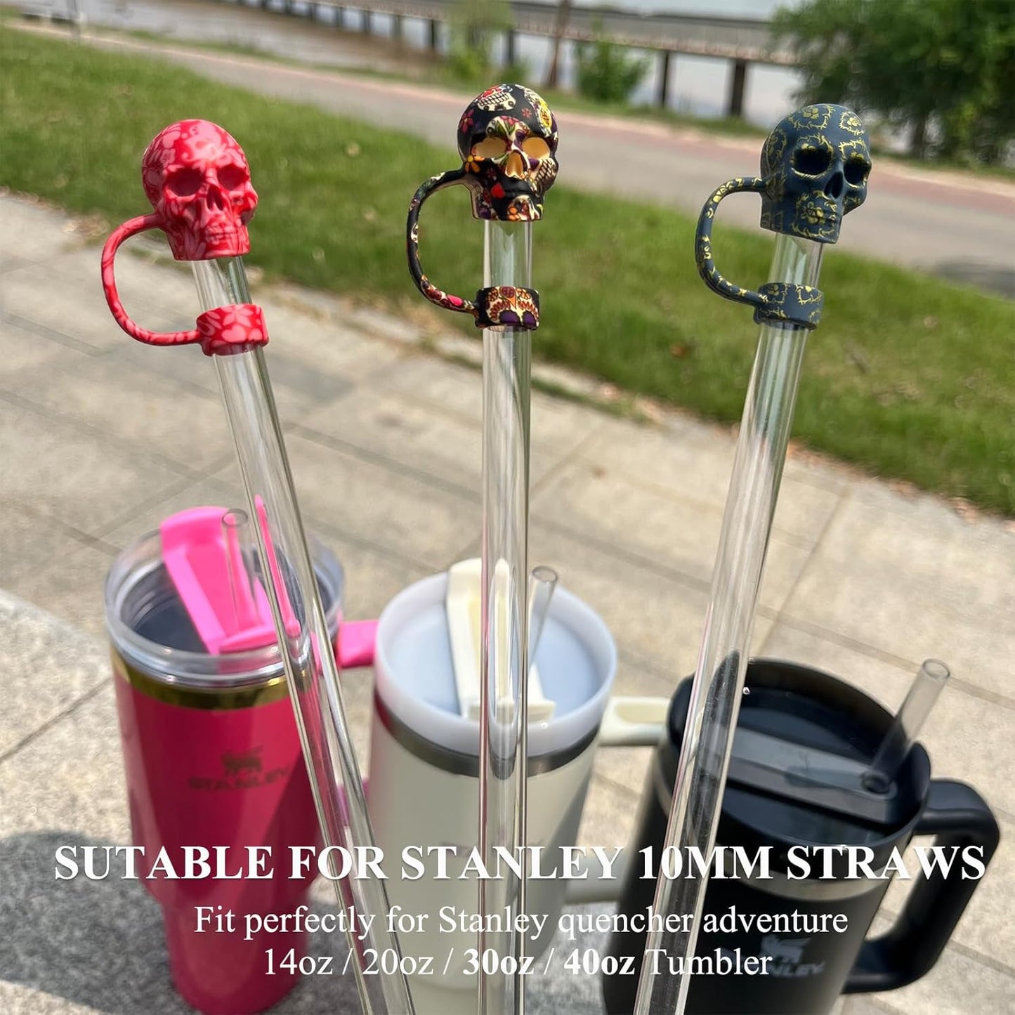 Skull Straw Cover Caps for Halloween Stanley Cup - 3 Pcs Silicone Straw Toppers Cool 10mm Straws Accessories Day of the Dead Gift for Boys