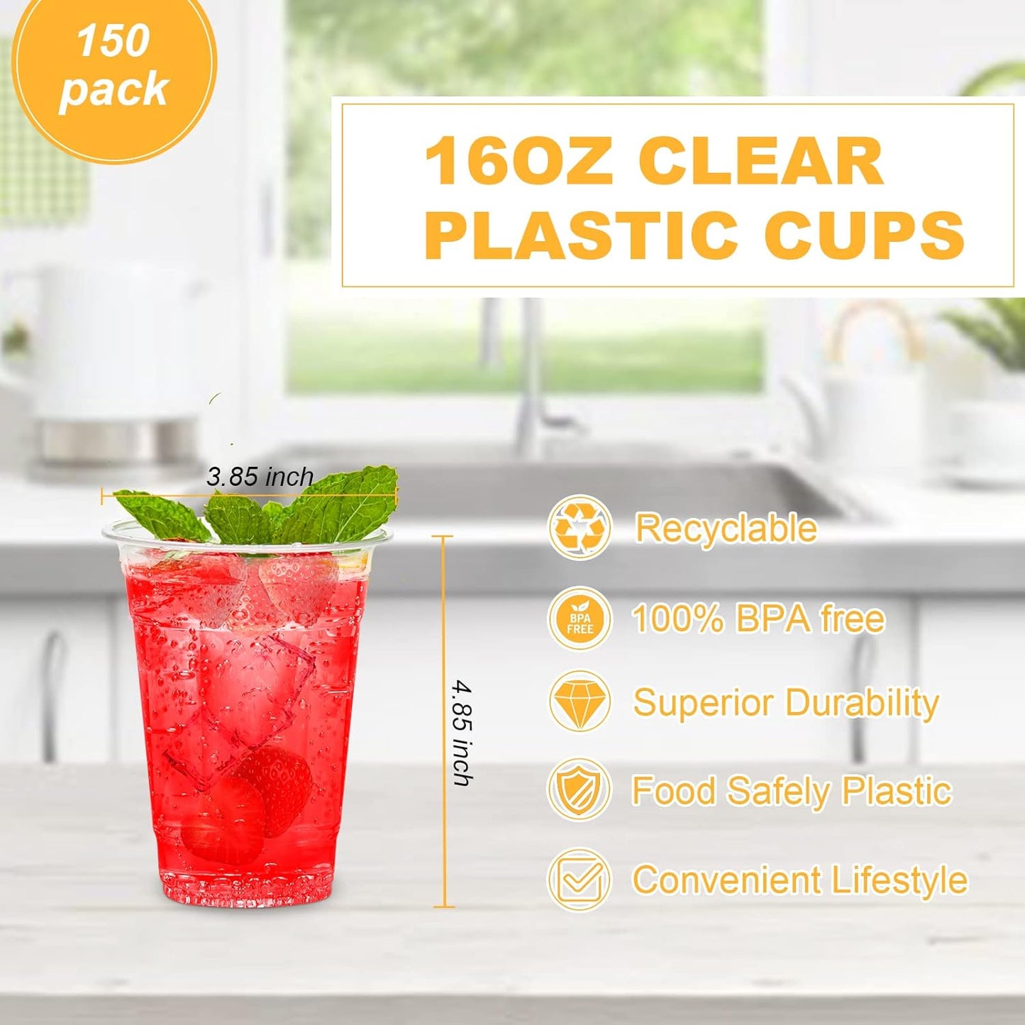 TashiBox [16oz - 150 Cups Clear Plastic Cups, disposable plastic cups for tea,smoothies Sodas and Mixed Drinks