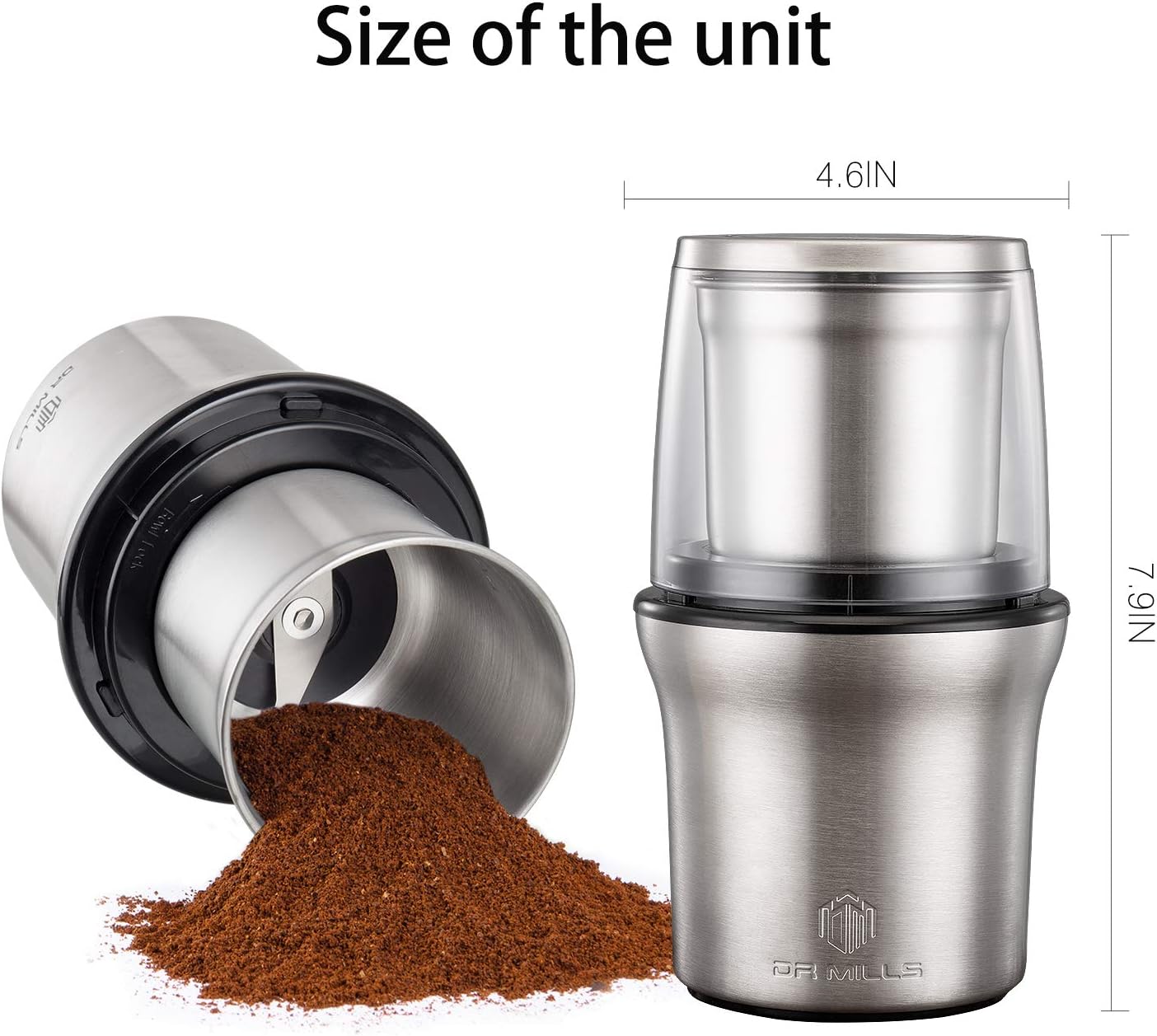 DR MILLS DM-7412M Stainless Steel Electric Dried Spice and Coffee Grinder,2 in 1 Wet and Dry, Removable Cups, Dishwasher Safe