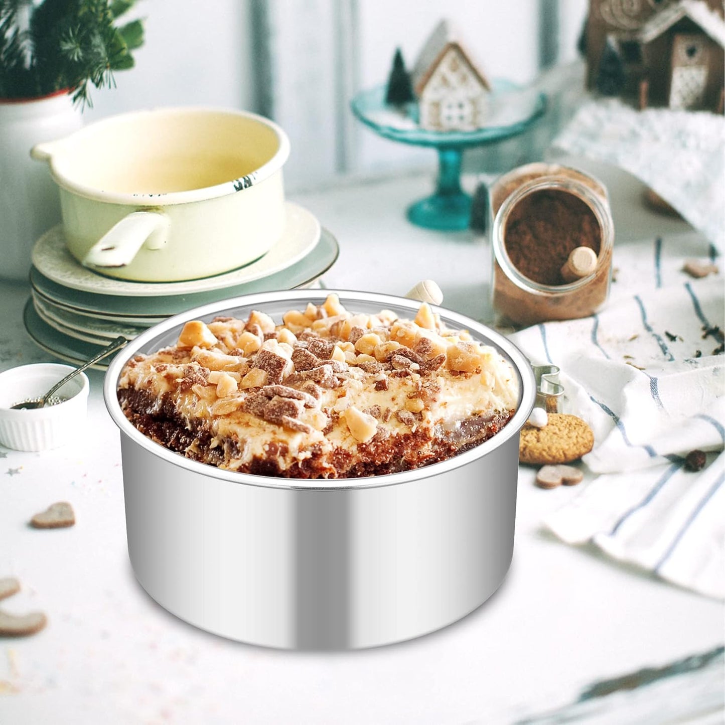 TeamFar 6 Inch Cake Pan, 6” x 3” Deep Round Cake Pan Tier Baking Tins Set Stainless Steel, For Baking Steaming Serving, Healthy & Toxic Free, Deep & Straight Size, Oven & Dishwasher Safe - Set of 2