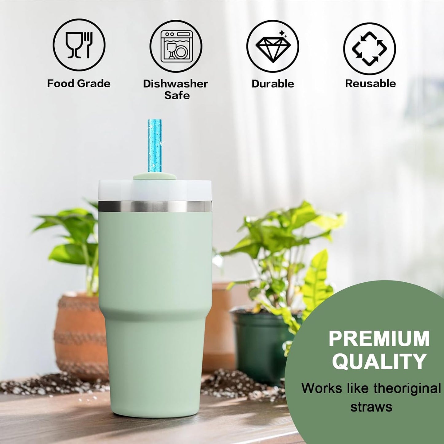 6Pack Glitter Replacement Straws for Stanley Cup 20oz 14oz Tumbler, Yoelike Reusable Straws Accessories with Clean Brush for Stanley Cup, Dishwasher Safe, BPA Free