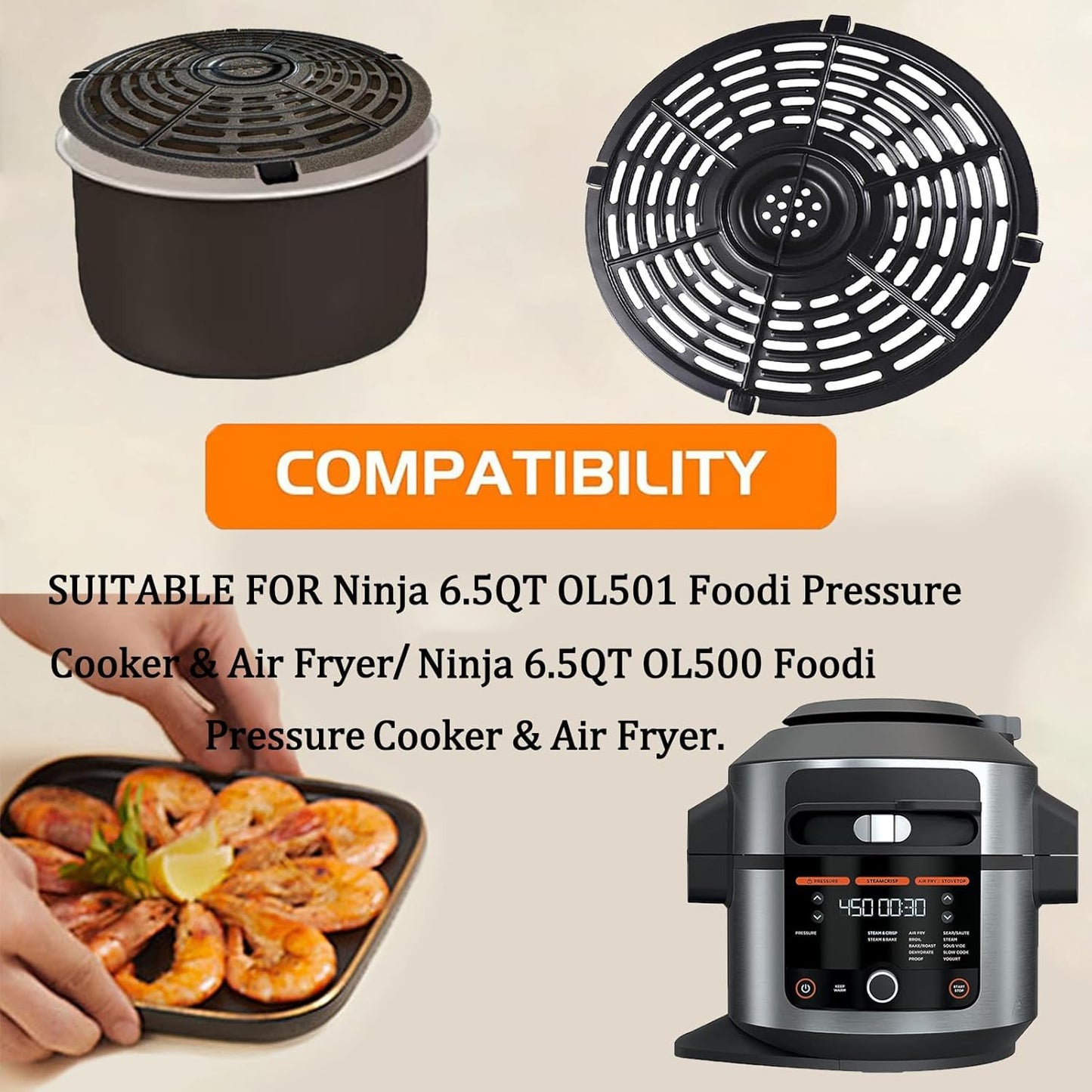Air Fryer Crisper Plate for Ninja 6.5QT OL501/OL500 Foodi Pressure Cooker & Air Fryers, Premium Nonstick Air Fryer Rack Grill Plate Pan Insert Grate Shelf Grid for 6.5QT Ninja Air Fryer