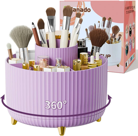 360° Rotate Makeup Brush Holder Organizer, Makeup Organizers Countertop, Makeup organization and Skincare Storage for Vanity, Desktop, Bathroom (Purple)