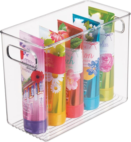 mDesign Tall Modern Stackable Plastic Storage Organizer Bin Basket with Handles for Bathroom Vanity Organization - Shelf, Cubby, Cabinet, or Closet Organizing Decor - Ligne Collection - Clear