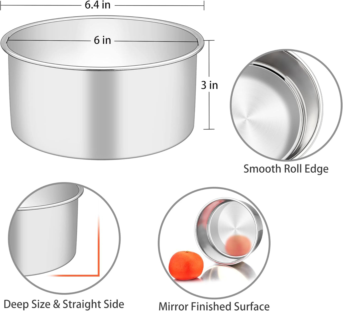 TeamFar 6 Inch Cake Pan, Stainless Steel Round Deep Baking Cake Pan for Wedding Birthday Party, Non-Toxic & Heavy Duty, Deep Wall & Straight Side, Mirror Finish & Dishwasher Safe