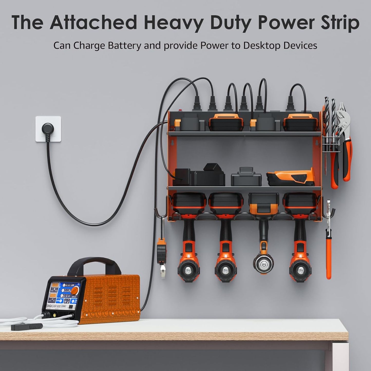 CCCEI Modular Power Tool Organizer Wall Mount with Charging Station. Garage Drill Storage Shelf with Hooks, Heavy Duty Rack, Tool Battery Holder Built in 8 Outlet. Gift for Men. Orange, 2 Pack.
