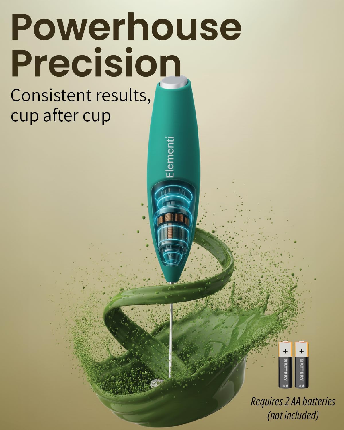 Elementi Matcha Whisk & Frother Set - Powerful Electric Matcha Mixer for Powder, Easy to Use Electric Whisk Kit - Craft Effortless Lattes with the Elementi Milk Frother Wand & Wisk (Emerald Green)