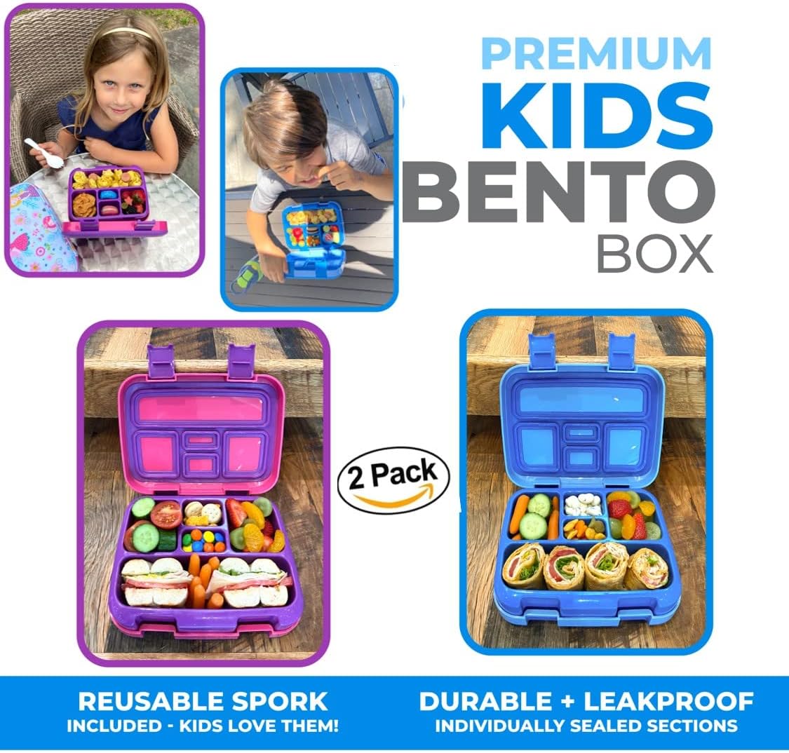 kinsho Bento Lunch Box for Kids Toddlers Boys Girls, 5 Portion Sections Secure Lid, Microwave Safe BPA Free Removable Tray, Pre-School Kid Daycare Lunches Snack Container, Blue & Pink Purple 2 pack