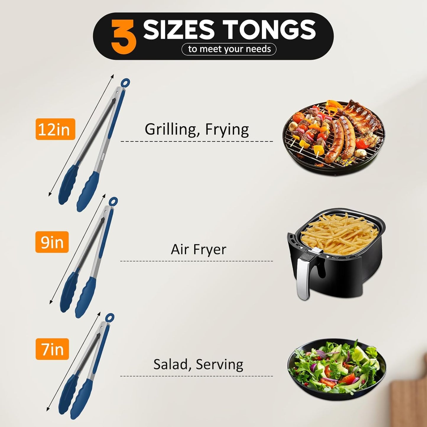 Kitchen Tongs, Set of 3 Stainless Steel Tongs with Silicone Tips Locking Cooking Tongs 600ºF Heat Resistant Tong for Cooking BBQ Grilling Air Fryer Serving Food Salads, 7"+9"+12" Classic Blue