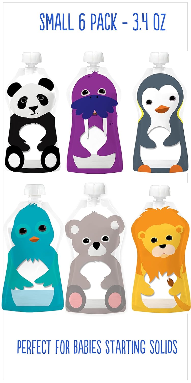 Squooshi Reusable Baby Food Pouches for Toddlers | BPA Free Plastic, Food Safe, Freezer Safe | Refillable for Applesauce Yogurt & Puree Squeeze Pouch | 6 Pack | 3.4 oz