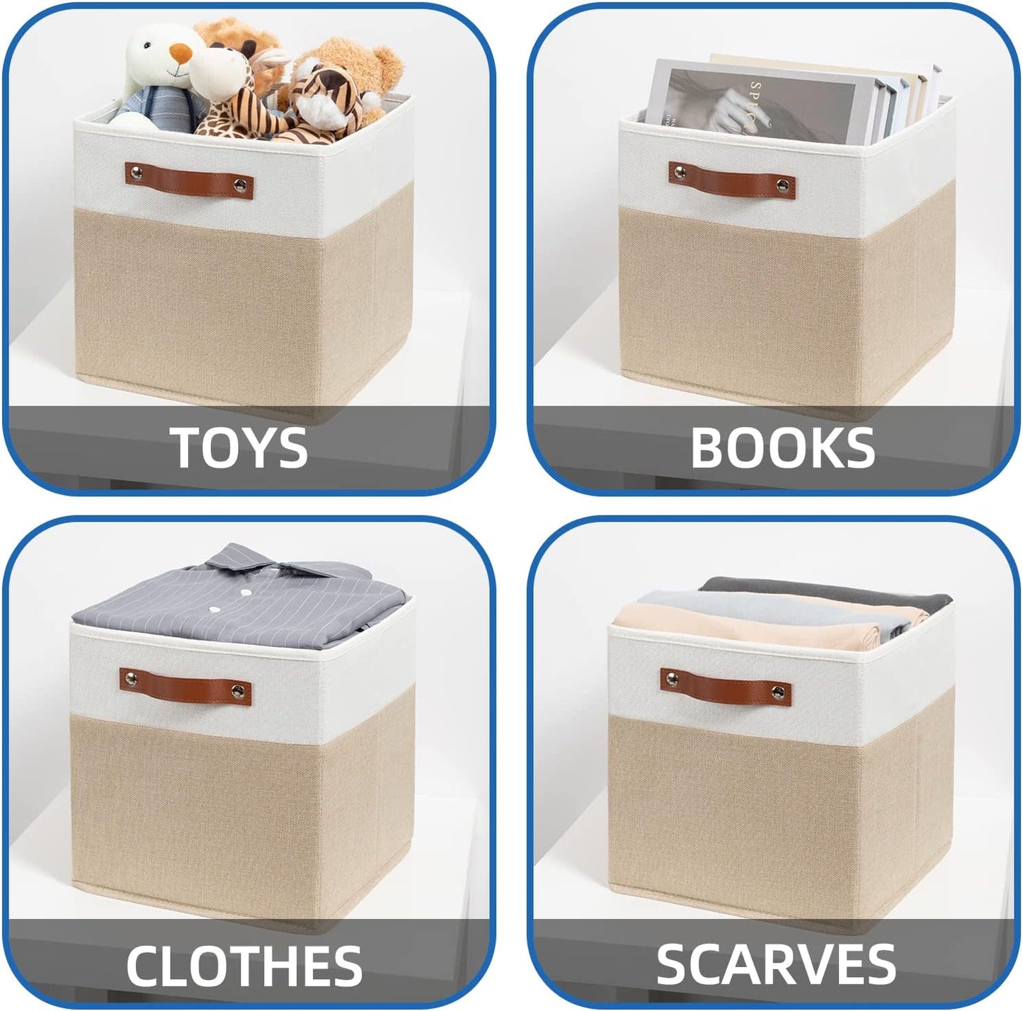 Temary Fabric Storage Cubes - 12 Inch Collapsible Bins (4Pack) - Empty Gift Baskets for Organizing Shelves, Closets, Nursery (White & Khaki)