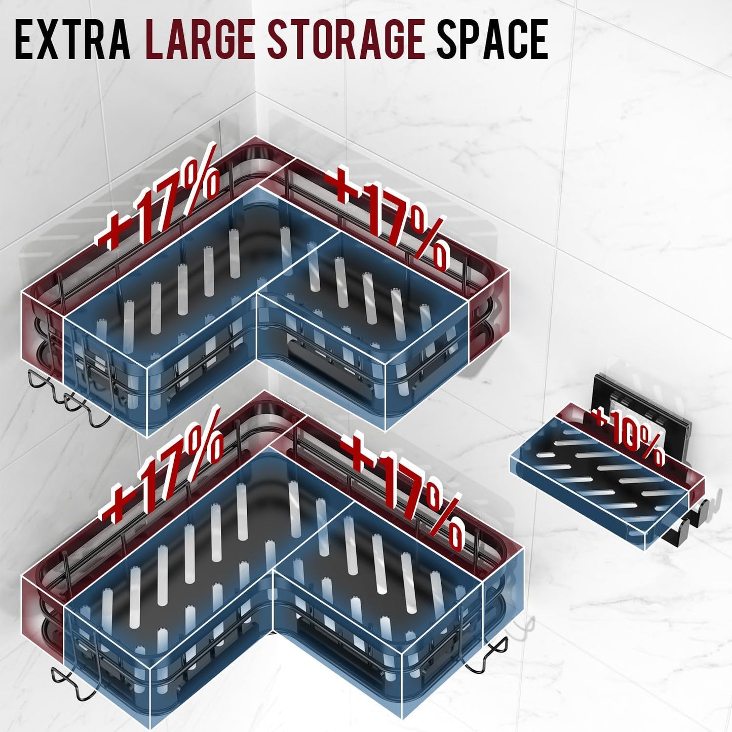 Large Capacity Shower Caddy, Heavy-Duty Adhesive Shower Organizers with Custom Aesthetic Design Soap, No Drilling Corner Shower Shelves, 5 Hooks for Bathroom Accessories - 3 Pack