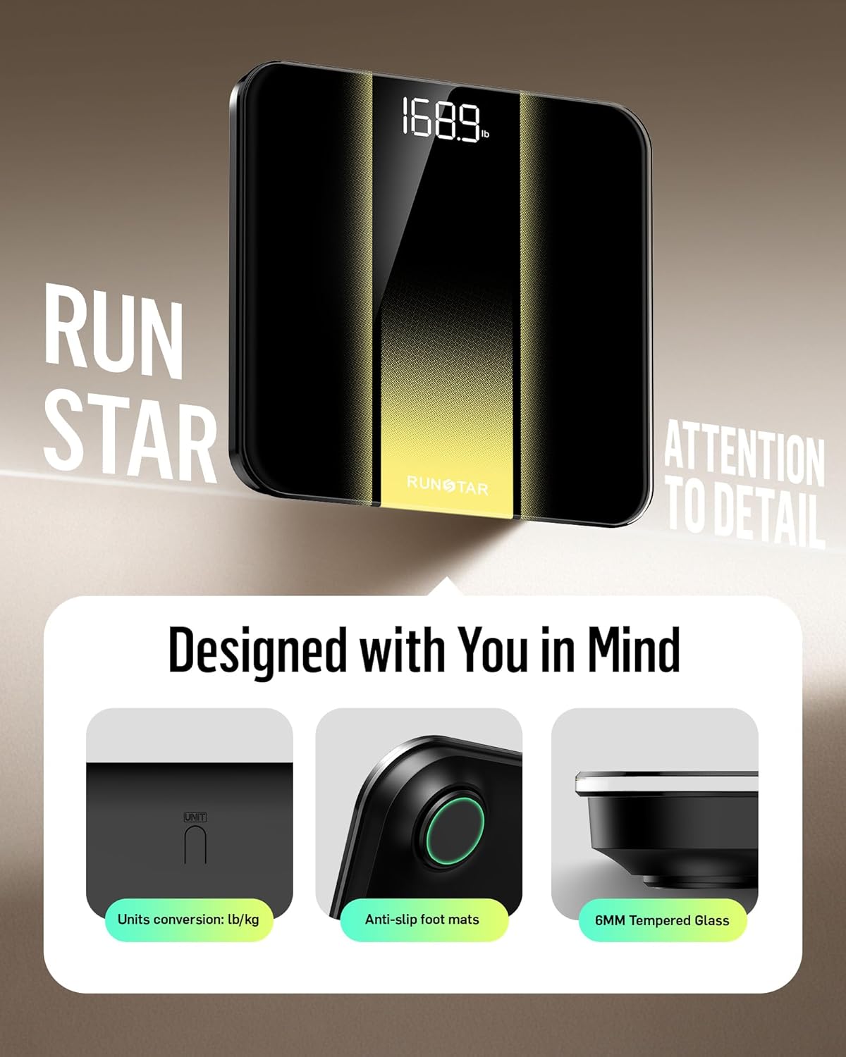 RunStar Digital Bathroom Scale for Body Weight with High Precision, Clear LED Backlight Display, Accurate Scale with 6mm Tempered Glass, 400lb