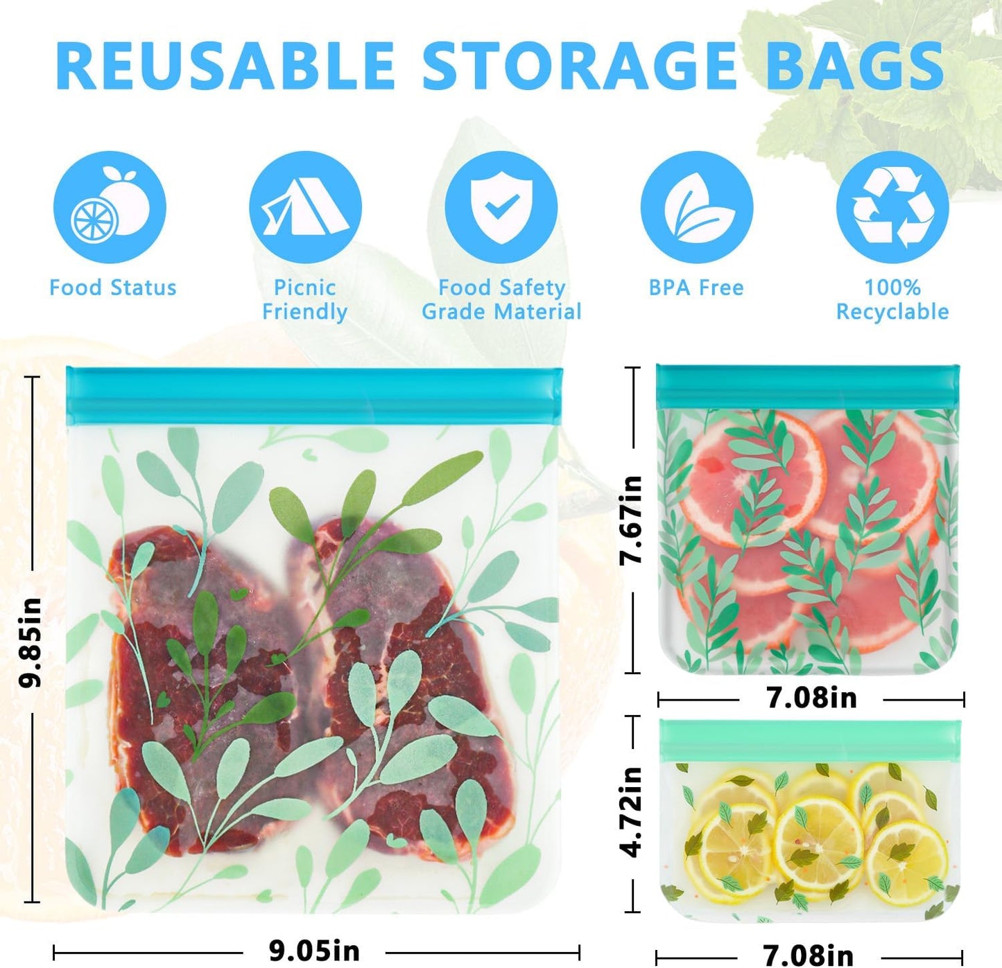 10 Pack Dishwasher Safe Reusable PEVA Food Storage Bags, Leak proof Reusable Freezer Bags for Food Storage Home Organization Traval & Make-up BPA FREE for Food Storage Home BPA FREE for Salad Fruit